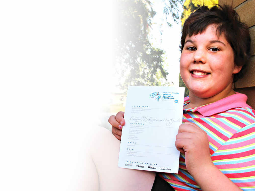 Finalist Caitlyn Meiklejohn shows off her invitation to the Pride of Australia Medal ceremony. Finalist Caitlyn Meiklejohn shows off her invitation to the Pride of Australia Medal ceremony.